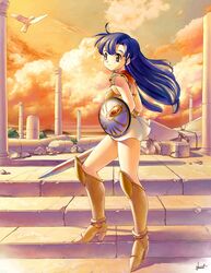  1girl armor asou_yuuko blue_hair boots breastplate brown_eyes long_hair mugen_senshi_valis scarf shield shoulder_pads skirt smile sunset sword uchiu_kazuma valis weapon 