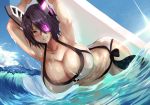  1girl armpits arms_up bent_over blush breasts cleavage eyepatch hews_hack huge_breasts purple_hair sharp_teeth solo swimsuit tenryuu_(kantai_collection) tidal_wave water yellow_eyes 