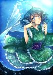  1girl ahoge blue_eyes blue_hair bubble dress drill_hair frills green_dress head_fins japanese_clothes kimono long_sleeves looking_at_viewer mermaid monster_girl nanaharu_(0420) obi open_mouth sash short_hair solo touhou underwater wakasagihime wide_sleeves 