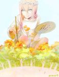  1girl aqua_eyes drawing flower flower_wreath original palette piano_(agneschen) pink_hair smile solo splatter squatting tree 