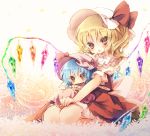  2girls bat_wings blonde_hair blue_hair child cup dress fang flandre_scarlet hat hat_ribbon mob_cap multiple_girls open_mouth pink_dress piyokichi red_dress red_eyes remilia_scarlet ribbon sash seiza side_ponytail sitting sitting_on_lap sitting_on_person teacup touhou wings younger 