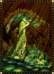  1girl aohato cave creature dryad grass green_hair hug light long_hair nude original solo very_long_hair 