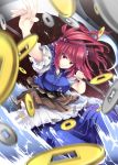  1girl belt coin commentary fujy hair_bobbles hair_ornament large_breasts onozuka_komachi red_eyes redhead sash scythe shirt skirt solo throwing touhou two_side_up 