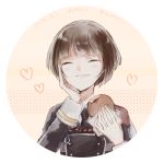  1boy bangs bob_cut brown_hair closed_eyes dated double-breasted eating food heart kumomo_(kirara317) maeda_toushirou male_focus military military_uniform necktie round_image short_hair solo tondo touken_ranbu twitter_username uniform upper_body 