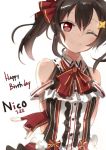  1girl ;) arms_behind_back bare_shoulders black_hair bow character_name dated fingerless_gloves gloves hair_between_eyes hair_bow hair_ornament hair_ribbon hairpin happy_birthday lf long_hair looking_at_viewer love_live!_school_idol_project one_eye_closed red_eyes red_gloves ribbon simple_background sketch smile solo star star_hair_ornament twintails white_background yazawa_nico 