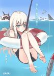  2girls artist_name blue_eyes commentary_request fishing fishing_line fishing_rod floating innertube kantai_collection long_hair multiple_girls ocean one-piece_swimsuit sensen shark shinkaisei-kan swimsuit u-511_(kantai_collection) white_hair 