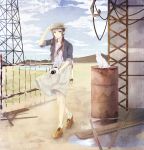  1girl adjusting_clothes adjusting_hat barrel brown_hair building camera cat clouds cloudy_sky fence full_body highres looking_at_viewer original parted_lips plank puddle rust shoes skirt sky twintails walking white_cat winter_urei yellow_eyes 