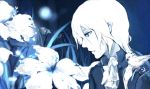  1boy animal_on_shoulder bird_on_shoulder blue blue_eyes expressionless face flower long_hair monochrome original parted_lips piano_(agneschen) pointy_ears ponytail profile solo white_hair 