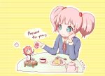  2girls :d ^_^ akaza_akari aqua_eyes arms_up closed_eyes cup dated dessert english fire_(pixiv) food fork fruit hair_bobbles hair_ornament hand_on_own_cheek highres minigirl multiple_girls open_mouth pink_hair redhead school_uniform serafuku size_difference smile strawberry table tea teacup teapot twintails yoshikawa_chinatsu yuru_yuri 