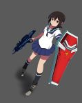  1girl absurdres altronage brown_hair crossover fubuki_(kantai_collection) gun gundam gundam_g_no_reconguista highres kantai_collection ponytail school_uniform serafuku shield skirt solo weapon 