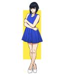  1girl alternate_hair_length alternate_hairstyle black_hair blue_dress blue_eyes bob_cut casual chris_re5 crossed_ankles dress eyebrows full_body highres holding_arm jitome kill_la_kill kiryuuin_satsuki looking_at_viewer pumps shoes short_hair signature simple_background solo standing thick_eyebrows white_shoes 