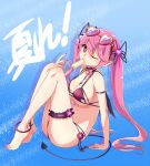  1girl bikini black_hair blue_background breasts character_request demon_tail glasses glasses_on_head hair_ribbon kawagoe_pochi leg_garter long_hair looking_at_viewer mouth_hold one_eye_closed pink_eyes pink_hair pointy_ears popsicle ribbon shironeko_project solo swimsuit tail twintails 