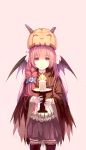 1girl asllence bat_wings braid candle highres holding horns long_hair looking_at_viewer object_on_head original outstretched_arms parted_lips pink_hair pumpkin solo wings 