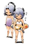  2girls :d bare_shoulders bikini evil_smile failure_penguin fujita_kakuji headgear kantai_collection mechanical_halo miss_cloud multiple_girls needle open_mouth purple_hair short_hair simple_background slippers smile swimsuit tatsuta_(kantai_collection) tenryuu_(kantai_collection) wavy_mouth white_background 