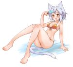  1girl animal_ears barefoot blue_hair blush breasts cat_ears cat_tail collarbone exasperation fang feet hot legs open_mouth orange_eyes original popsicle ryota_tentei scar short_hair solo sweat swimsuit tail thighs toes tora_tentei 