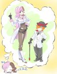  1boy 1girl boots brown_hair cropped_jacket dreaming gloves hair_over_one_eye hat height_difference height_swap helpyourselfish heterochromia highres long_hair multicolored_hair neo_(rwby) pink_eyes roman_torchwick rwby sleeping solo two-tone_hair very_long_hair 