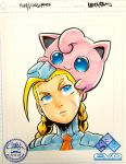  1girl ahoge animal_on_head blonde_hair blue_eyes cammy_white crossover evolution_championship_series garrison_cap hat huge_ahoge jeffrey_cruz jigglypuff marker_(medium) necktie pokemon pokemon_(creature) portrait scar shoulder_pads smile street_fighter street_fighter_zero super_smash_bros. traditional_media turtleneck 