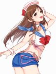  1girl breasts brown_eyes brown_hair hat idolmaster idolmaster_cinderella_girls long_hair midriff nitta_minami open_mouth sailor_collar sailor_hat simple_background sinsihukunokonaka smile solo 