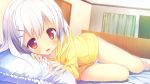  1girl bed blush game_cg happy highres looking_at_viewer love_rec. nimura_yuuji yanase_hitomi 