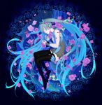  1girl amazake_(minidora373) blue_hair boots flower hatsune_miku highres lying on_side petals rose shirt skirt sleeping sleeveless sleeveless_shirt solo twintails vocaloid 