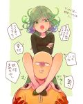  1boy 1girl :o angry bald black_dress blank_eyes cape clenched_teeth crossed_arms crossed_legs curly_hair dress green_eyes green_hair looking_down ofune onepunch_man open_mouth saitama_(onepunch_man) short_hair sitting_on_shoulder small_breasts speech_bubble talking tatsumaki text translation_request 