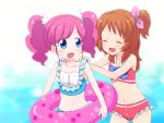  2girls aikatsu! amahane_madoka bikini blue_eyes brown_hair closed_eyes innertube long_hair mikashi multiple_girls one_side_up oozora_akari pink_hair side_ponytail swimsuit twintails 