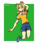  147 1girl :o arm_up blonde_hair blush character_name crown green_background green_eyes inazuma_eleven_(series) inazuma_eleven_go long_hair mini_crown nakame_shiori raimon raimon_soccer_uniform simple_background soccer_uniform solo sportswear 