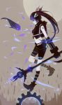  1girl absurdres adapted_costume ankle_boots argyle asllence black_hair black_rock_shooter black_rock_shooter_(character) blue_eyes boots cropped_jacket fish gears highres solo staff surreal walking 