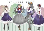  4girls :o alternate_costume ashigara_(kantai_collection) black_hair boots clover flower formal four-leaf_clover glove_removed gloves haguro_(kantai_collection) hair_bun hair_flower hair_ornament hairband hat high_heel_boots high_heels kantai_collection konataeru long_hair long_skirt mouth_hold multiple_girls myoukou_(kantai_collection) nachi_(kantai_collection) one_eye_closed ponytail short_hair skirt suit very_long_hair white_gloves 