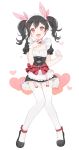  1girl :d apron black_hair blush bow garter_straps hair_ribbon heart highres long_hair looking_at_viewer love_live!_school_idol_project maid maid_headdress marin_(myuy_3) mogyutto_&quot;love&quot;_de_sekkin_chuu! open_mouth red_eyes revision ribbon simple_background smile solo thigh-highs twintails waist_apron white_background white_legwear yazawa_nico 