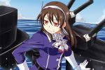  1girl ashigara_(kantai_collection) blue_sky brown_hair fang gloves hairband hand_on_hip kantai_collection machinery nishi_koutarou red_eyes sky smirk solo upper_body water white_gloves 