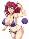  1girl armlet bikini bracelet breasts cleavage collar gundam gundam_00 haro jewelry large_breasts looking_at_viewer glasses_man nena_trinity open_mouth redhead short_hair side-tie_bikini simple_background smile solo swimsuit white_background 