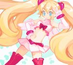  1girl blonde_hair blue_eyes bracelet crop_top disgaea disgaea_d2 elbow_gloves flonne gloves heart heart-shaped_pupils jewelry k_(sktchblg) long_hair magical_girl midriff multicolored_eyes navel pink_eyes pink_legwear pure_flonne skirt smile solo symbol-shaped_pupils thigh-highs twintails v white_gloves white_skirt wings 