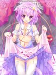  1girl animal_ears bare_shoulders bra breasts cedama fang garter_straps hairband heart highres komeiji_satori looking_at_viewer navel open_clothes open_shirt panties pink_hair shirt short_hair skirt skirt_lift smile thigh-highs third_eye touhou underwear violet_eyes white_legwear zettai_ryouiki 