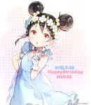  1girl :o \m/ anco_(melon85) black_hair character_name dated dress earrings gloves hair_bobbles hair_ornament hair_rings hand_on_hip happy_birthday jewelry love_live!_school_idol_project red_eyes signature solo white_gloves yazawa_nico yume_no_tobira 