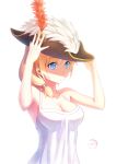  1girl adjusting_clothes adjusting_hat arms_up bare_arms bare_shoulders blonde_hair blue_eyes breasts character_request cleavage dress hat large_breasts no_bra sleeveless sleeveless_dress solo upper_body warship_girls_r white_dress xiaoyin_li 