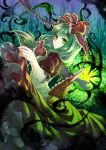  1girl bow dress front_ponytail green_eyes green_hair hair_bow hina_(yatagarasu) long_hair looking_at_viewer looking_back puffy_short_sleeves puffy_sleeves red_dress short_sleeves socha solo spell touhou 