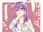  1girl breasts cleavage collarbone highres laughing long_hair long_sleeves nagata_nagato open_mouth pointing pointing_at_viewer purple_hair red_eyes reisen_udongein_inaba shirt solo touhou upper_body 