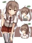  1girl ahoge brown_eyes brown_hair dress_shirt hand_on_own_knee leaning_forward long_hair looking_at_viewer original pleated_skirt ponytail rabochicken red_skirt school_uniform shirt skirt smile solo striped striped_background thigh-highs twintails v white_legwear 
