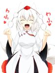  1girl alternate_costume animal_ears blush breasts chinese_clothes fang happy hat highres inubashiri_momiji inyuppo large_breasts looking_at_viewer open_mouth paw_pose short_hair silver_hair simple_background skirt solo tail tokin_hat touhou translation_request white_background wolf_ears wolf_tail 