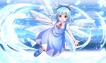  1girl blue_dress blue_eyes blue_hair blue_sky bow cirno clouds collared_shirt dress hair_bow highres ice ice_wings looking_at_viewer open_mouth puffy_short_sleeves puffy_sleeves risutaru shirt shoes short_hair short_sleeves sky smile solo touhou wings 
