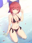  1girl bandages beach bikini bikini_top black_bikini blush hair_ornament hair_ribbon looking_at_viewer masa07240 midriff navel ocean panties partially_submerged petals red_eyes redhead ribbon sand sekibanki short_hair sitting solo swimsuit touhou underwear water wet 