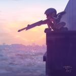  city closed_eyes gun highres inkling kabeu_mariko kneeling rifle sniping splatoon sunset weapon 