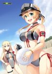  2girls bikini bismarck_(kantai_collection) blonde_hair blue_eyes breasts cleavage_cutout collar dodgeball hair_ornament halter_top halterneck hat hat_removed headwear_removed highres kantai_collection large_breasts long_hair looking_at_viewer multiple_girls one-piece_swimsuit open_mouth oyaji-sou peaked_cap prinz_eugen_(kantai_collection) sparks swimsuit twintails 