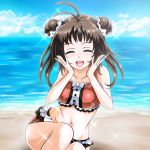  1girl adapted_costume antenna_hair beach blue_sky blush brown_hair closed_eyes clouds collarbone commentary_request double_bun facing_viewer hands_on_own_face highres kantai_collection naka_(kantai_collection) open_mouth sitting sky smile solo sparkle tk8d32 