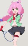  1girl ahoge fingerless_gloves garter_belt gloves green_eyes hair_bobbles hair_ornament heart_cutout highres long_hair navel pink_hair racket school_uniform shinjou_kanae_(teekyuu) simple_background takahirokun teekyuu tennis_racket very_long_hair 