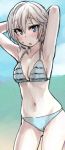  1girl anastasia_(idolmaster) armpits arms_up beach bikini blue_bikini blue_eyes blush breasts cleavage contrapposto cowboy_shot earrings frilled_bikini frills idolmaster jewelry looking_at_viewer navel outdoors short_hair silver_hair solo sweatdrop swimsuit yu_65026 