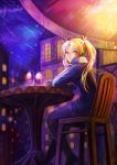  1girl blonde_hair blue_eyes gunslinger_girl kankito long_sleeves looking_at_viewer mittens night scarf sitting solo triela twintails 