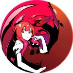  1girl bat_wings breasts circle commentary_request dress head_wings koakuma large_wings long_hair looking_at_viewer pinky_out pisoshi puffy_short_sleeves puffy_sleeves red red_eyes redhead short_sleeves smile solo touhou very_long_hair wings 