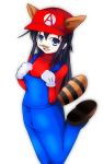  1girl :d akatsuki_(kantai_collection) animal_ears black_hair blue_eyes bodysuit fake_mustache gloves hat highres kantai_collection long_hair looking_at_viewer mario mario_(cosplay) one_leg_raised open_mouth overalls raccoon_ears raccoon_tail simple_background smile solo super_mario_bros. tail tape white_gloves 